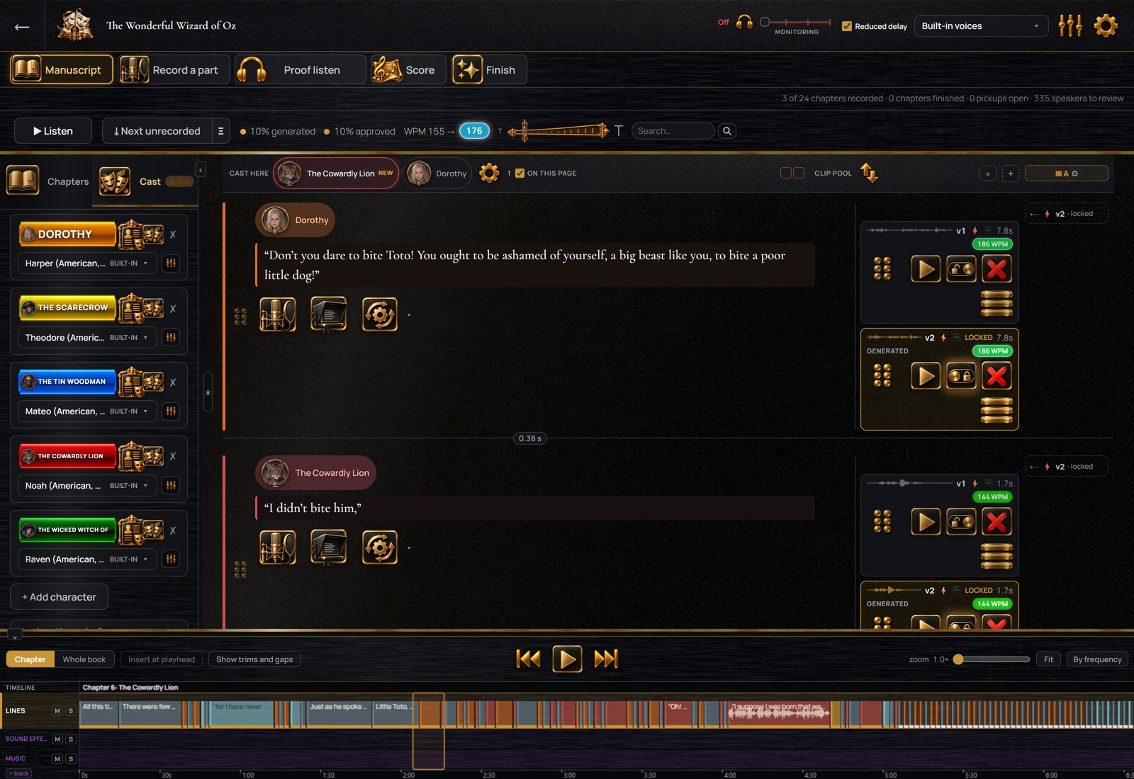 The cast list: each character with a color, a voice, a portrait, their line count and a microphone button.