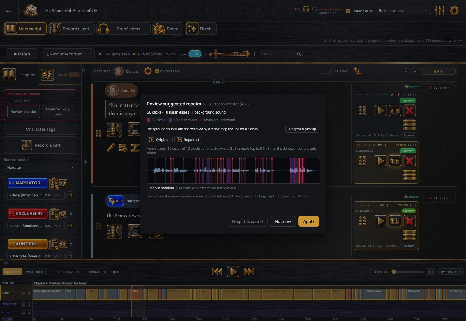 One script line with its controls and its recording: the sound wave, the length, the lock, and the fixes suggested for it with a Review button.