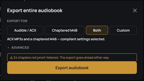 The export window: the warnings about lines not yet picked or proof-listened, the choice of what to save, and the export button.