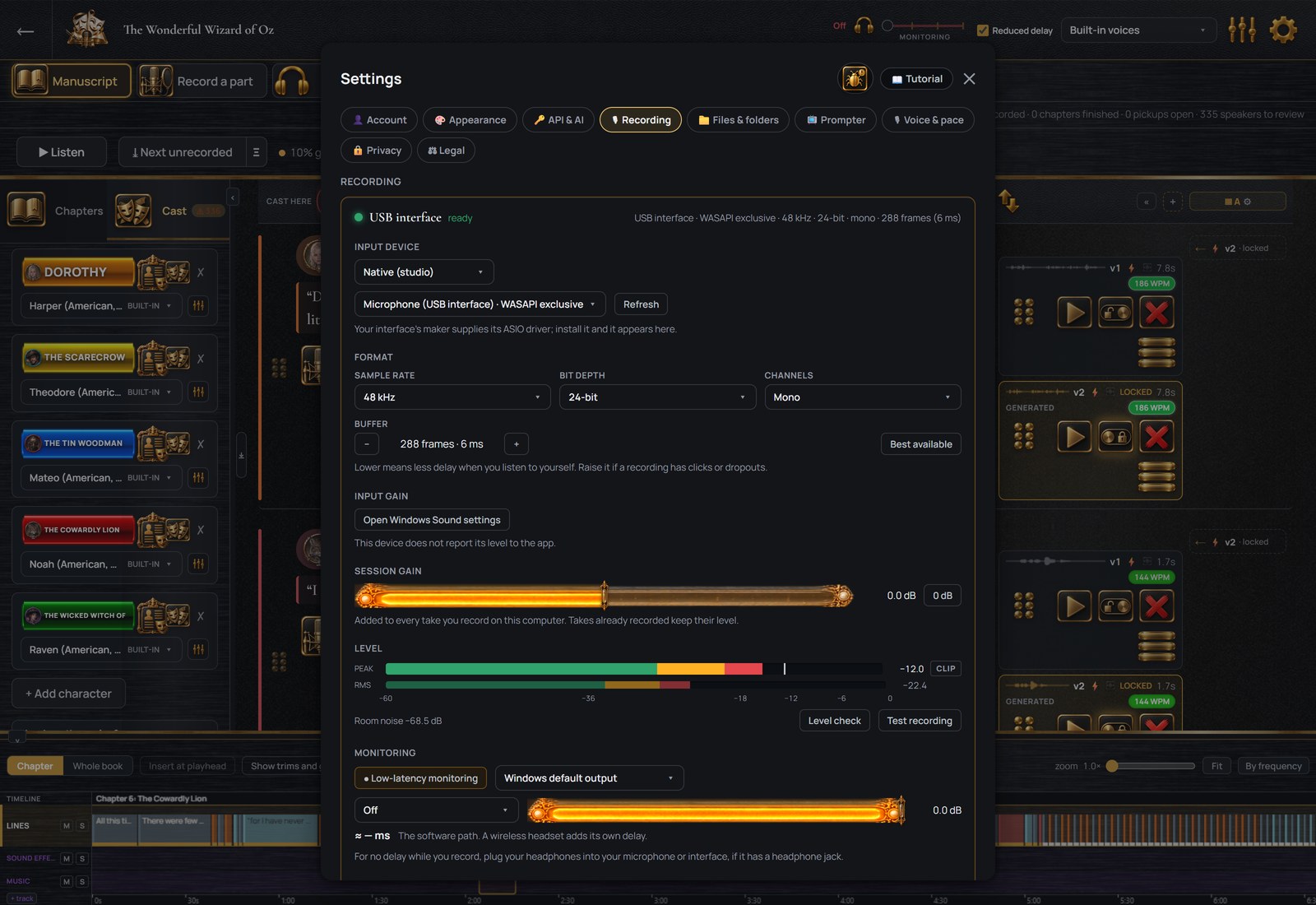 Settings, Recording: the microphone, the quality settings, the volume, the live level meter and the headphone controls.