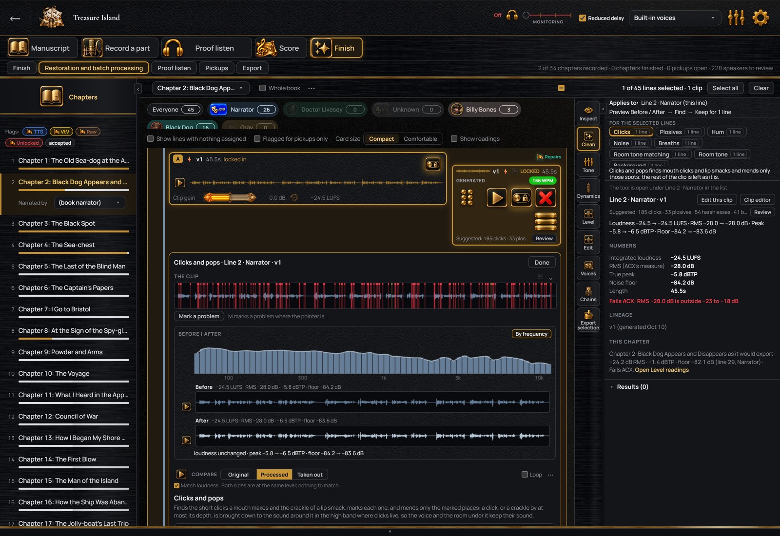 The repair screen: the lines on the left with one recording open, a tool open under the recording with before and after, and the tools on the right.
