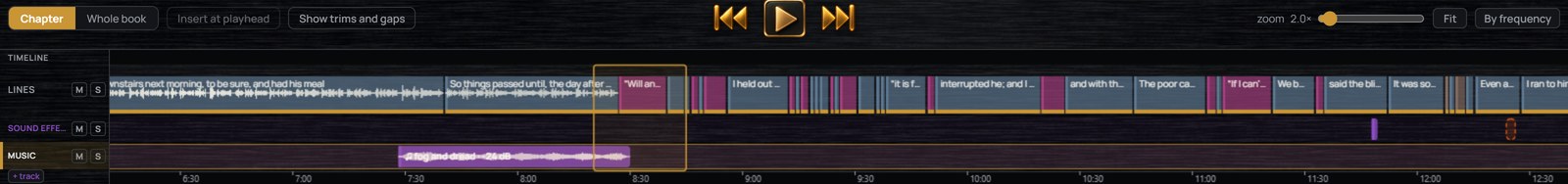 The chapter timeline: a row of colored blocks, one per line, with the sound effects and music rows beneath and pieces placed on them, laid out across the chapter.