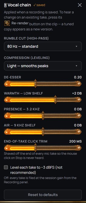 The tidy-up settings: the rumble cut, the leveling, the S softener, the three tone sliders, the end-of-recording trim and the level choice.