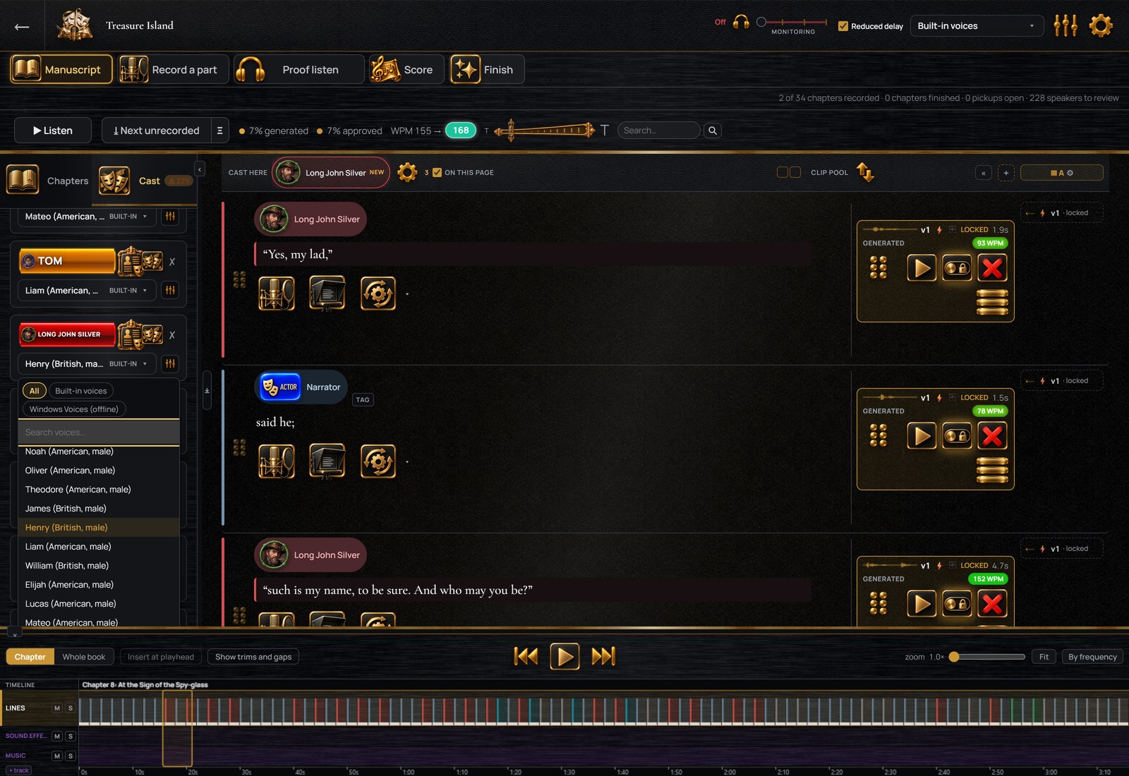 The voice picker open on a character: the built-in voices listed with a play button on each, and the connected services below.